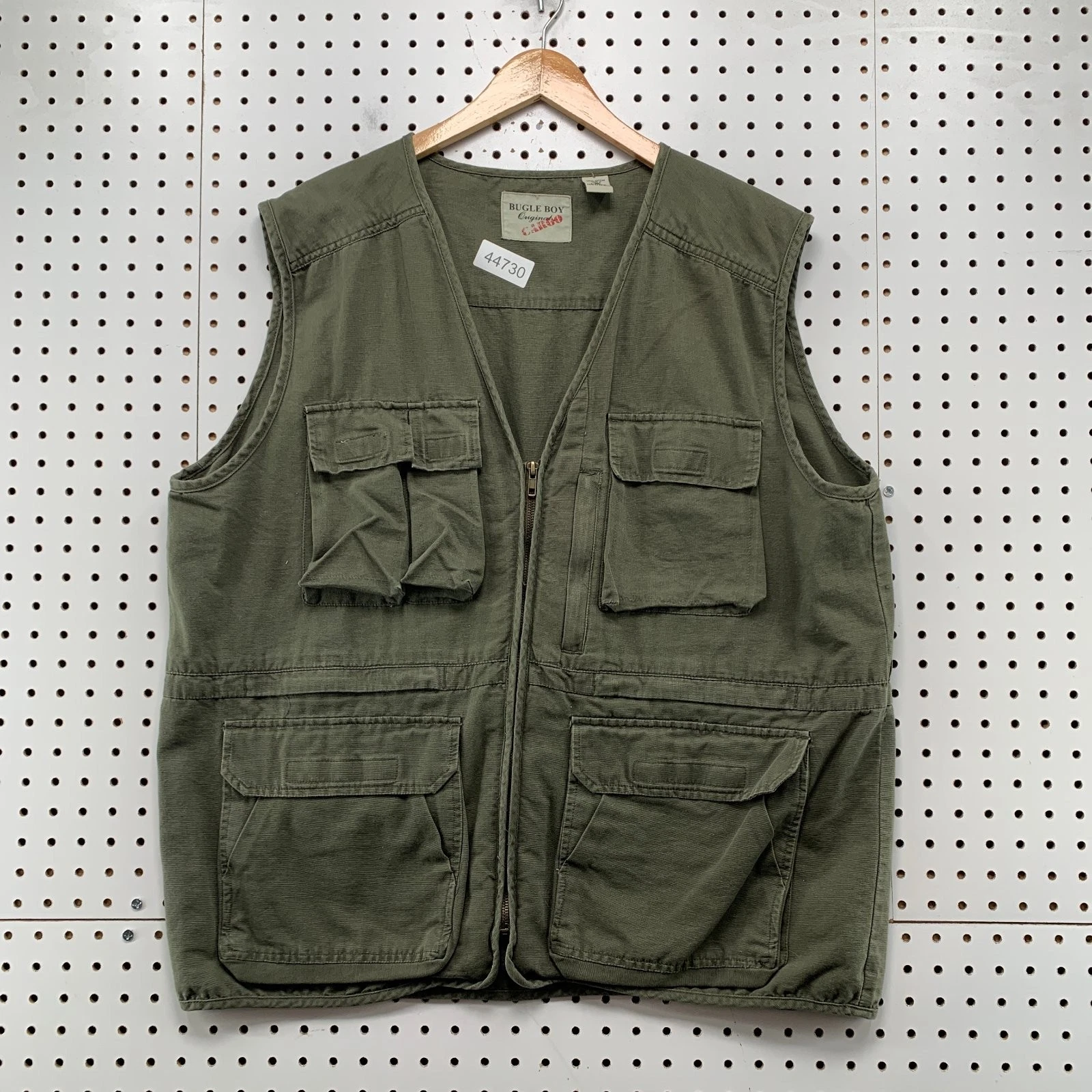 VIntage Bugle Boy Cargo Vest Mens XL Green Zip Utility Pockets Fish Photography