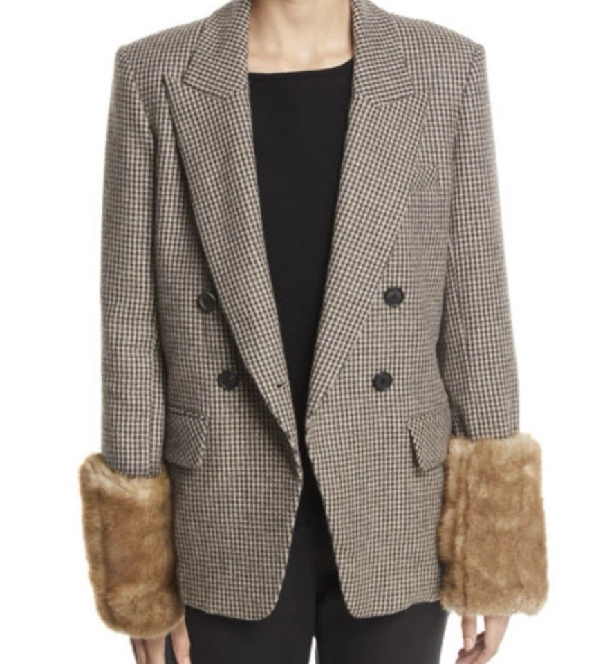 Veronica Beard Fahey Houndstooth Dickey Jacket Blazer Removable Faux Fur Cuff - Image 2 of 4