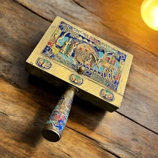 VINTAGE BRASS SILENT BUTLER Chinese Cloisonné Brass & Enamel Crumb Catcher Tray