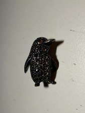 Penguin Brooch Marcasite Style Penguin Pin Red Eye Silver Tone