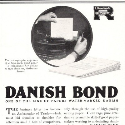 Danish Bond Paper B. D. Rising Paper Co 1922 Print Ad 8.5x12''