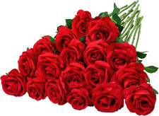 20 Pcs Red Roses Artificial Velvet Silk Flowers Fake Roses Bouquet with Long Ste