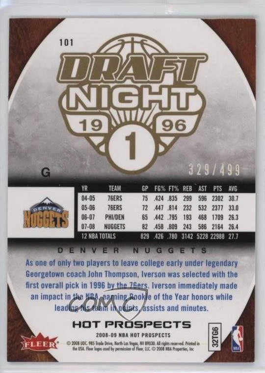 2008-09 Fleer Hot Prospects Draft Night /499 Allen Iverson #101 HOF - Image 2 of 2