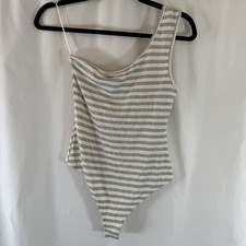New Le Lis Bodysuit Women's Medium White Grey Striped Single Shoulder Stretch
