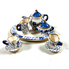 NEW miniature tea set blue dollhouse doll handpainted porcelain tea pot cups A
