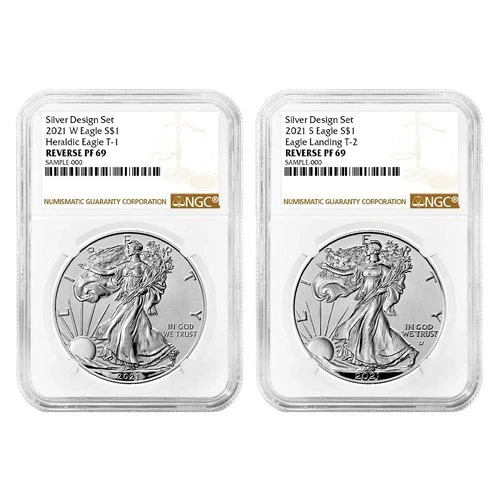 2pc Set - 2021 $1 1-oz Reverse Proof American Silver Eagle Designer NGC PF69
