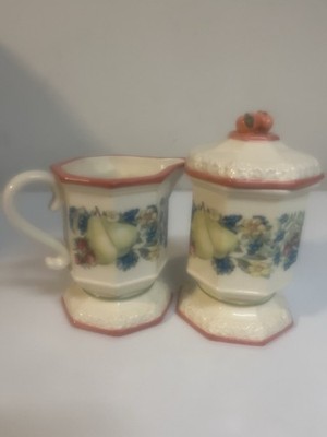 Avon Seasons Collection Covered Sugar Bowl & Creamer Fruit Pear Floral Ceramic