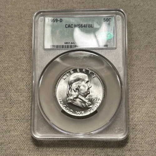 1959-D 50C FRANKLIN SILVER HALF DOLLAR FULL BELL LINES CACG MS64 FBL