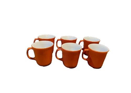 VINTAGE Pyrex Coffee Cups Mug cinnamon  Orange Set Of 6 Milk Glass8 ozs.