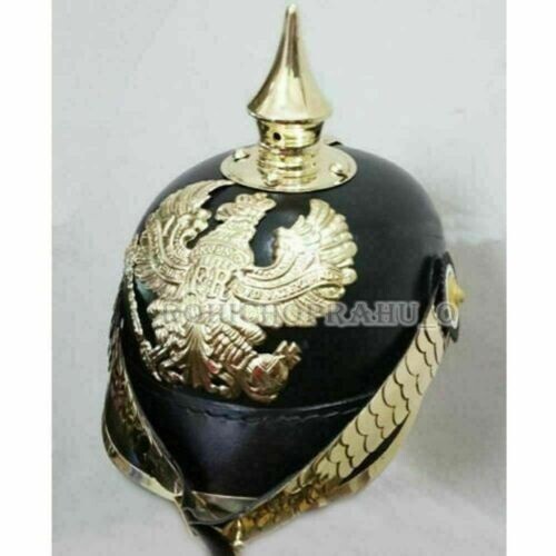 German Spiked Black Leather & Brass Pickelhaube FR Officer Helmet Imperial - Picture 3 of 10