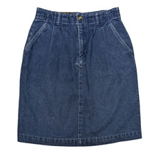 Vintage 90s Eddie Bauer Pleated Denim Skirt 6 26x21 Blue Jean Knee Length Slit