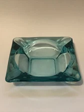 Vintage Ashtray 6” Square Blue Green Aqua Glass Cigar Man Cave Dad Gift