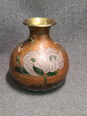 Vintage Cloissonné Metal Vase Hand Painted ''Globe Shopper'' 5.7'' Tall Butterflies