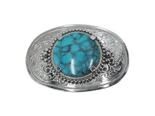 Southwest Dyed Howlite Belt Buckle Rhodium Plated Blue Round Cabochon