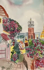 Original Watercolor W/ Pen & Eljay Torger Church Cityscape