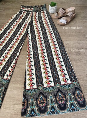 USA New JUP FOLDOVER AZTEC GOOD LUCK EYE BOHO SILKY TALL PALAZZO PANTS ...