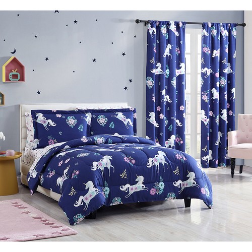 Aubrie Home Accents 4-Piece Queen Floral Navy Unicorn Bed Sheet Set Deep Pocket Microfiber Bedding, Pink Purple Teal