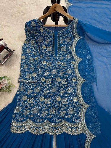 PARTY WEAR HEAVY FAUX GEORGETTE SHARARA SUIT WITH DUPATTA FOR WOMEN & GIRLS - Picture 7 of 13