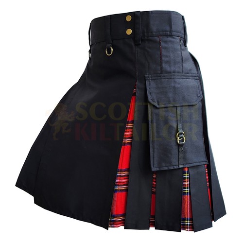 Falda falda escocesa híbrida hecha a mano negra con tartán real para hombre talla personalizada - Imagen 2 de 7