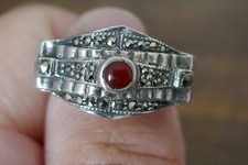 Vintage Sterling Silver Marcasite  Carnelian Ring - Size 7.25 / 8.0 Grams