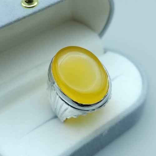 Yellow yamani aqeeq ring Yemeni Agate stone, Yellow aqeeq mens ring gift for men - Picture 4 of 10