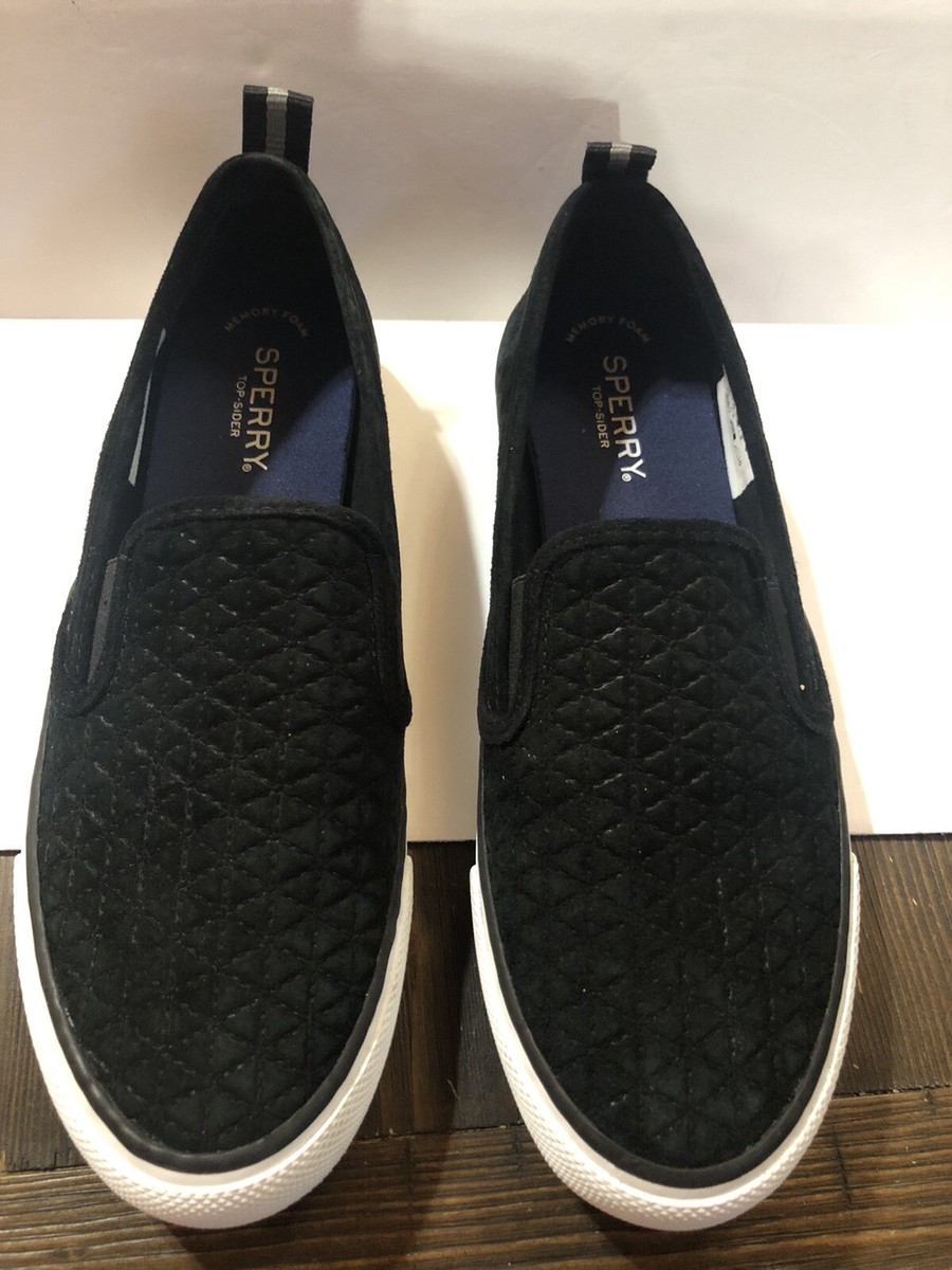 Sperry Women's Seaside Quilted Black Suede Slip On Shoes Loafer