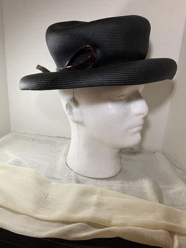 Vintage Mary Sachs schwarzer Damenhut MCM braun Kunststoff gummiartiges Band Union Made USA - Bild 7 von 11