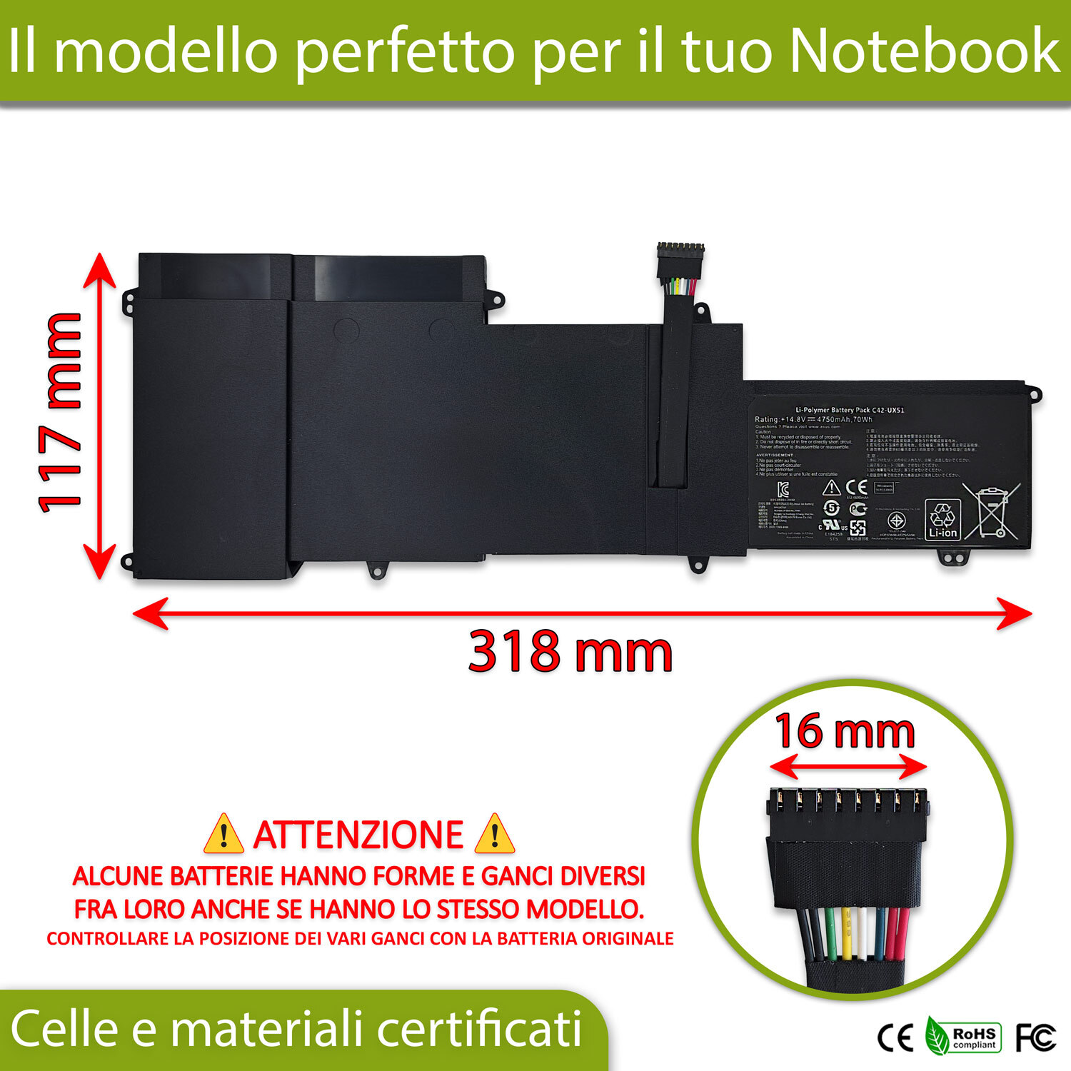 Batteria per ASUS BX51VZ 14.8V 70Wh | Ricambio Alta Qualità C42-UX51 - 2