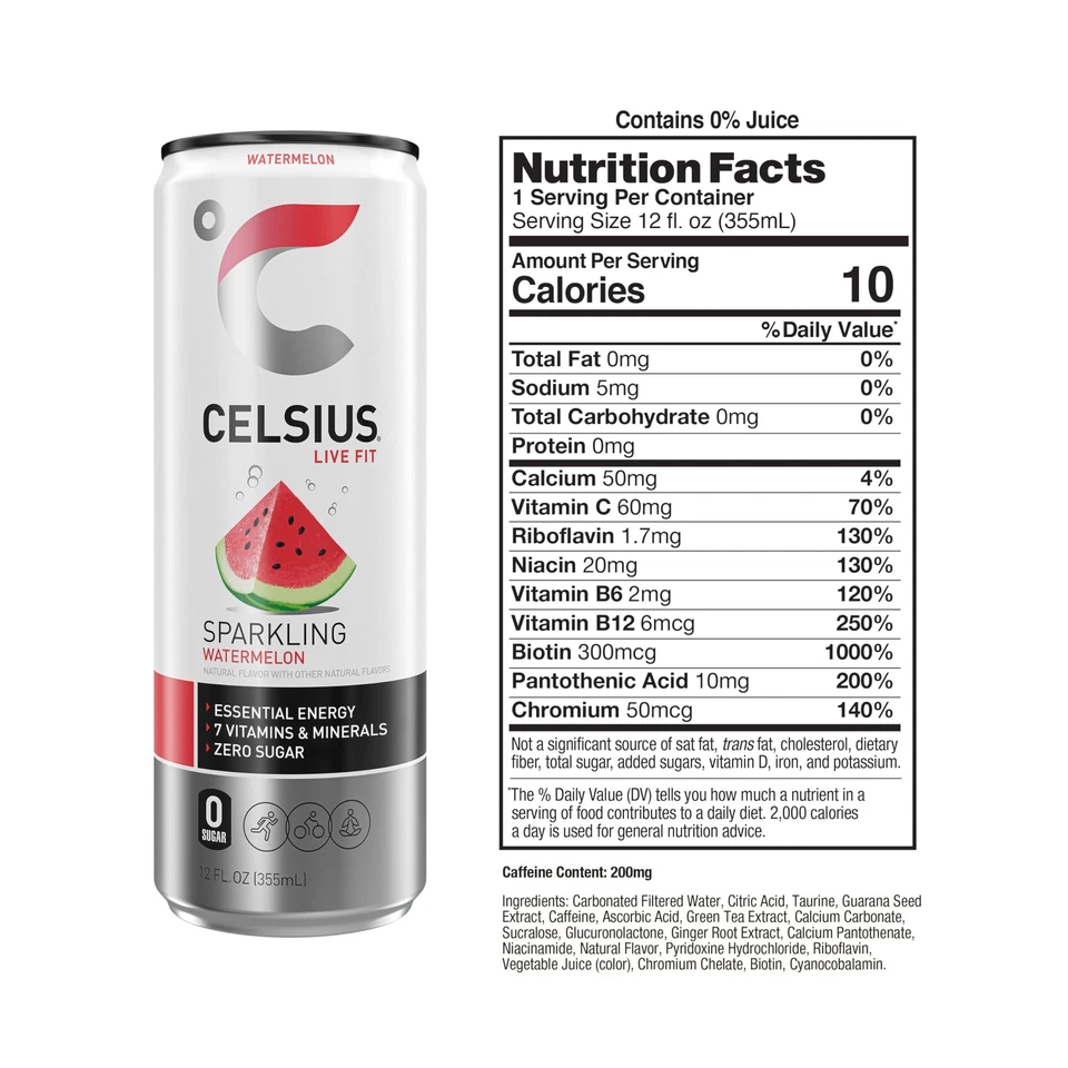 Bebida energética melancia espumante Celsius 12 fl oz pacote com 12 cafeínas veganas - Imagem 3 de 4