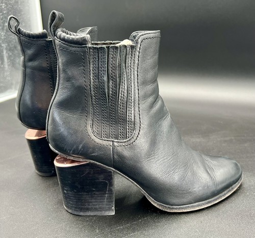 Alexander Wang Black Leather Ankle Chelsea Boots 38 Anouk Rose Gold Notched Heel