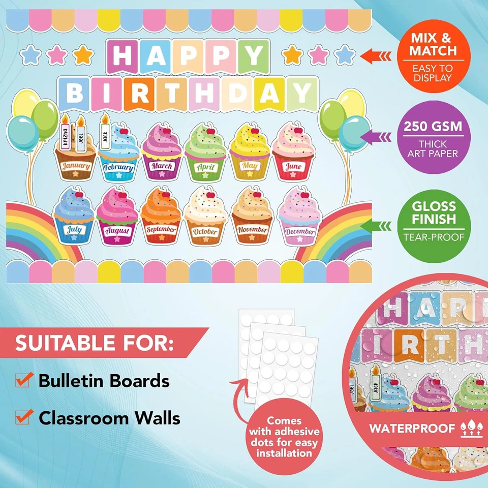 84 Pcs Cupcake Birthday Bulletin Board Set for Classroom - Birthday Chart for... - Image 2 of 4