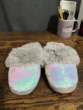 Gray Faux Fur Sequin Slip-On Women's Slippers, Lined Comfort, Winter Casual