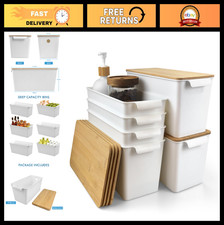 Stackable Storage Bins with Bamboo Lids - 6 Pack Lidded Organizing Baskets for P