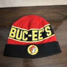 Buc-ee's Beaver Mascot Red Black Yellow Striped Stretch Winter Beanie Hat