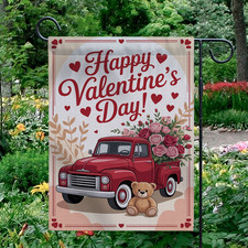 Happy Valentine's Day Garden Flag Red Truck Teddy Bear Flowers Yard Decor Banner