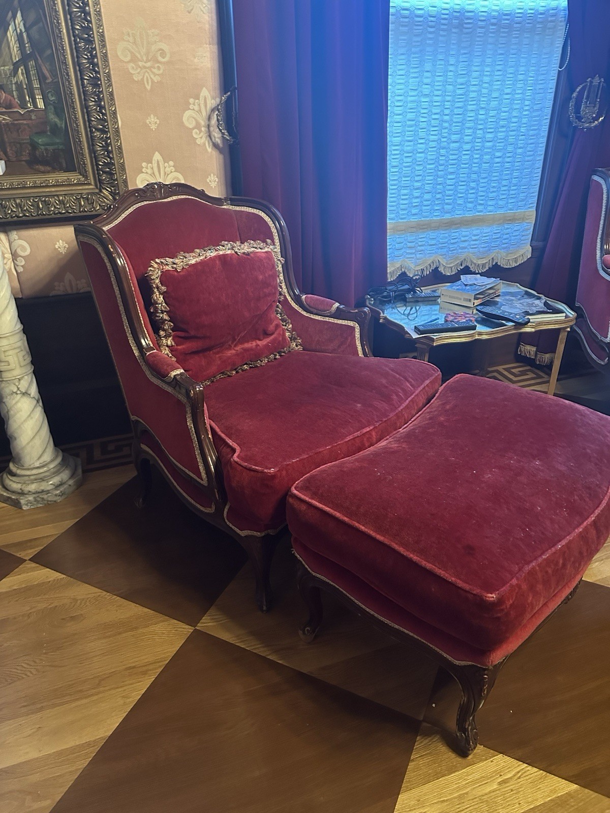 French Louis XV Style Bergere RED VELVET PAIR WITH OTTOMANS 