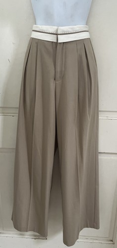 STRADIVARIUS NEW! Beige/Ivory Woven Cotton High Rise Pleated Trousers Pants US 0