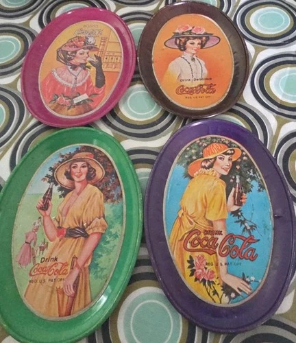 Vintage Coca Cola Mini Tin Tray Oval With Ladies. Lot Of 4.