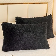 Shaggy Plush Faux Fur Pillow Shams King Black