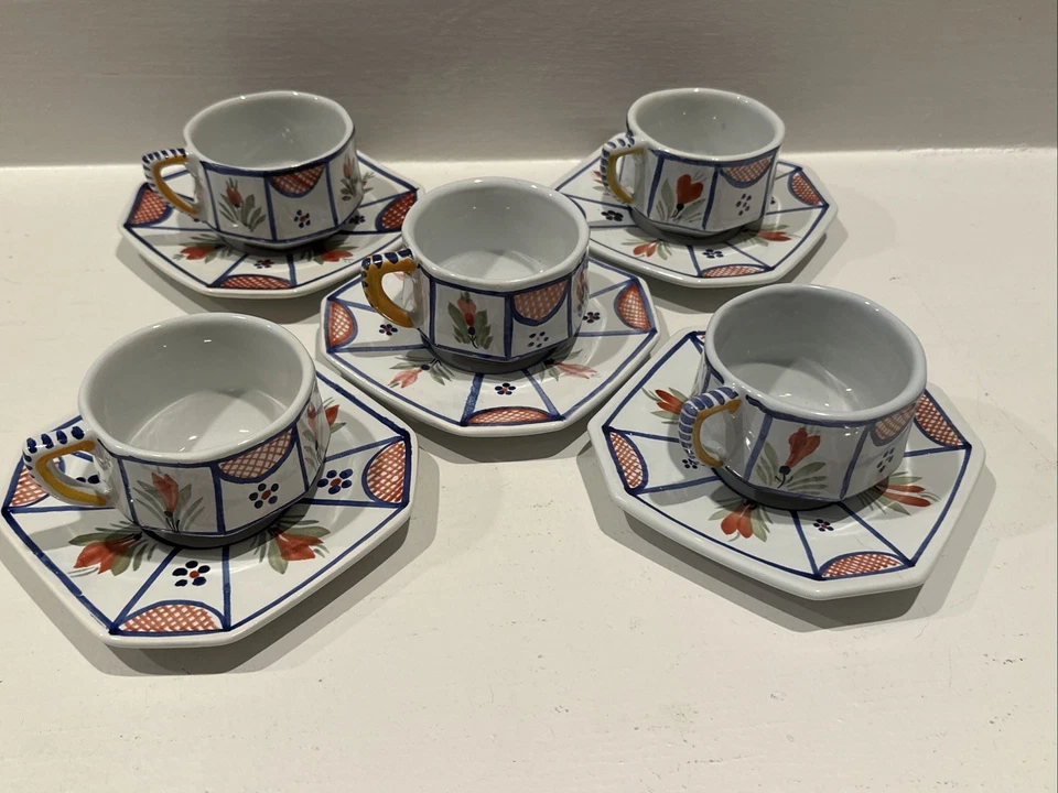 HB Quimper France Hand Painted Demitasse Cups & Saucers Five Cups Five Saucers - Image 3 of 4