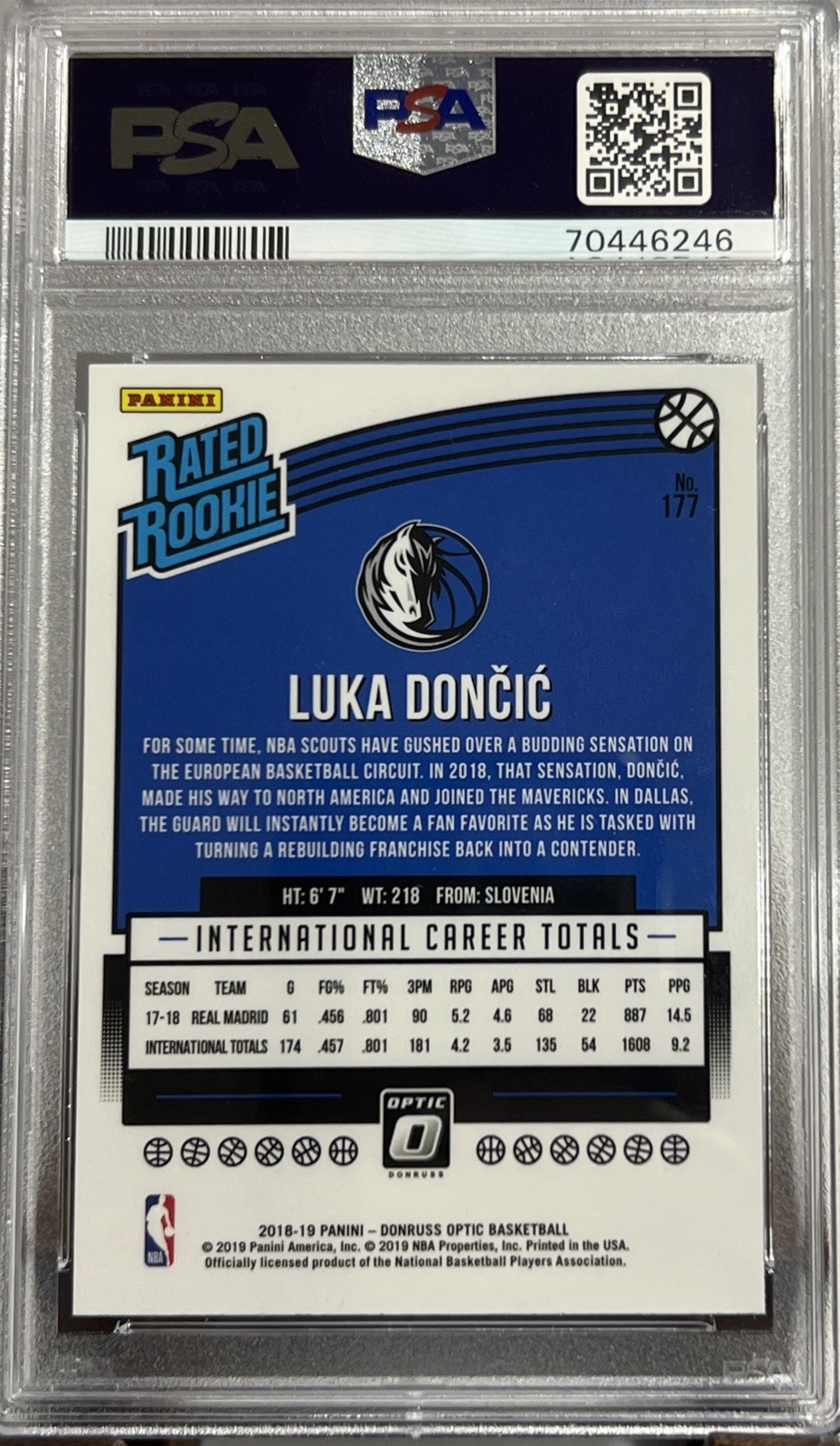 Panini Donruss Optic 2018-19 Luka Dončić Rated Rookie #177 PSA 9 Mavericks view 2