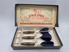 Vtg Unicorn Darts Of Distinction Set W/ Box -Blue Feathers - Made In England