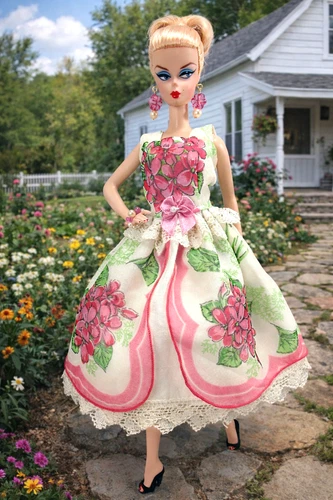 OOAK FITS BARBIE VTG FLORAL NYLON DOLL DRESS by HANKIE COUTURE FASHION CLOTHES!!