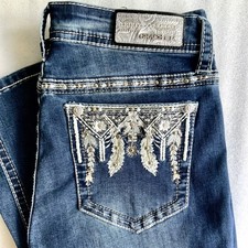 Grace in LA Women's Feather Design Embroidered Pocket Bootcut Blue Jeans 29