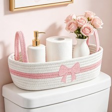 Pink Bow Woven Storage Basket for Toilet Tank Top Boho Bathroom Cotton Rope O...