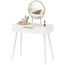 HOMCOM Modern Dressing Table w/ 2 Drawers Round Mirror for Bedroom White