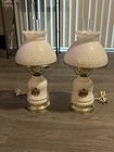 2 Vintage White Hobnail Milk Glass Pink/Brown Floral Hurricane Lamps 20" Works