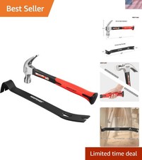 20oz Claw Hammer & 15” Pry Bar Set - Ergonomic Hand Tools for Every Task