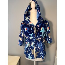 Kids Shark Print Hooded Fleece Bathrobe Blue Grey Size 6-7 Years Tie Waist Robe