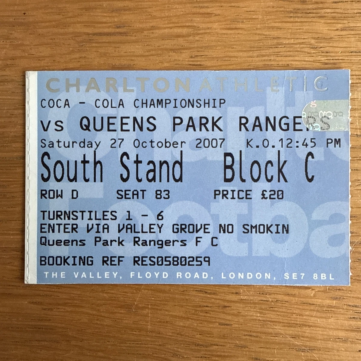 Ticket De Match QPR Vs Port Vale – Directors Box – 02/10/1996 – Initiale A